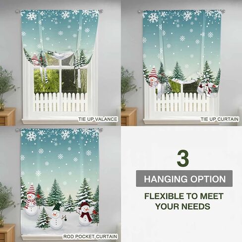 Christmas Snowman Tie Up Curtains for Window, Xmas Snowflake Tree Winter Thermal Insulated Balloon Shade Adjustable Rod Pocket Curtains Valance Panels for Kitchen Bathroom Café 42'' x 54'' in Saudi Arabia