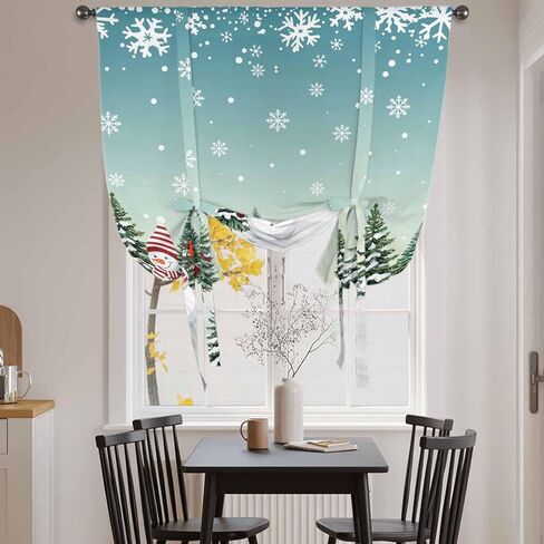 Christmas Snowman Tie Up Curtains for Window, Xmas Snowflake Tree Winter Thermal Insulated Balloon Shade Adjustable Rod Pocket Curtains Valance Panels for Kitchen Bathroom Café 42'' x 54'' in Saudi Arabia
