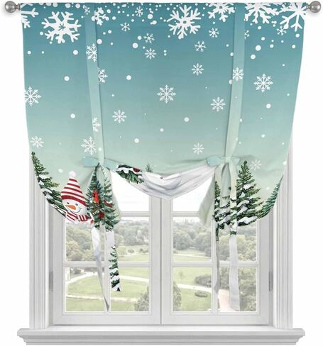 Christmas Snowman Tie Up Curtains for Window, Xmas Snowflake Tree Winter Thermal Insulated Balloon Shade Adjustable Rod Pocket Curtains Valance Panels for Kitchen Bathroom Café 42'' x 54'' in Saudi Arabia