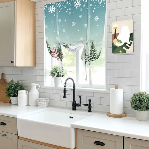 Christmas Snowman Tie Up Curtains for Window, Xmas Snowflake Tree Winter Thermal Insulated Balloon Shade Adjustable Rod Pocket Curtains Valance Panels for Kitchen Bathroom Café 42'' x 54'' in Saudi Arabia