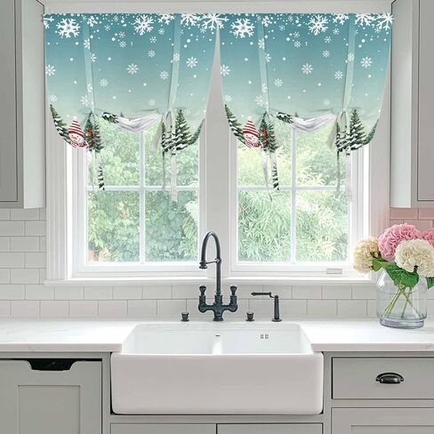 Christmas Snowman Tie Up Curtains for Window, Xmas Snowflake Tree Winter Thermal Insulated Balloon Shade Adjustable Rod Pocket Curtains Valance Panels for Kitchen Bathroom Café 42'' x 54'' in Saudi Arabia