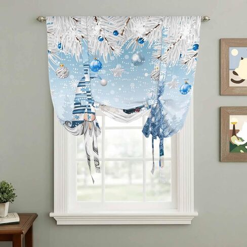 Blue Gnomes Christmas Tie Up Curtains for Window, Snowflake Xmas Tree Gifts Winter Thermal Insulated Balloon Shade Adjustable Rod Pocket Curtains Valance Panels for Kitchen Bathroom Café 42'' x 54'' in Saudi Arabia