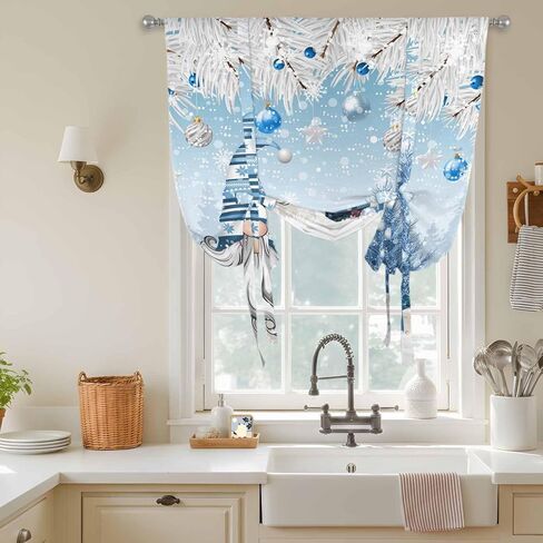 Blue Gnomes Christmas Tie Up Curtains for Window, Snowflake Xmas Tree Gifts Winter Thermal Insulated Balloon Shade Adjustable Rod Pocket Curtains Valance Panels for Kitchen Bathroom Café 42'' x 54'' in Saudi Arabia