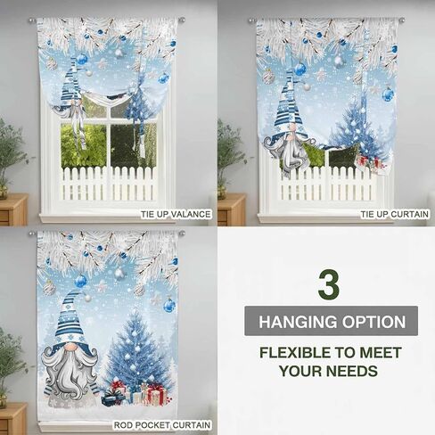 Blue Gnomes Christmas Tie Up Curtains for Window, Snowflake Xmas Tree Gifts Winter Thermal Insulated Balloon Shade Adjustable Rod Pocket Curtains Valance Panels for Kitchen Bathroom Café 42'' x 54'' in Saudi Arabia