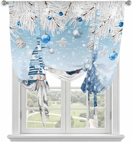 Blue Gnomes Christmas Tie Up Curtains for Window, Snowflake Xmas Tree Gifts Winter Thermal Insulated Balloon Shade Adjustable Rod Pocket Curtains Valance Panels for Kitchen Bathroom Café 42'' x 54'' in Saudi Arabia