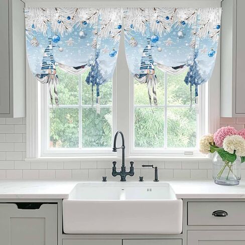 Blue Gnomes Christmas Tie Up Curtains for Window, Snowflake Xmas Tree Gifts Winter Thermal Insulated Balloon Shade Adjustable Rod Pocket Curtains Valance Panels for Kitchen Bathroom Café 42'' x 54'' in Saudi Arabia