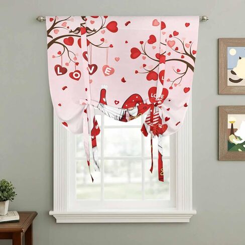Valentine's Day Tie Up Curtains for Window, Pink Gnomes Romantic Love Balloon Trees Thermal Insulated Balloon Shade Adjustable Rod Pocket Curtains Valance Panels for Kitchen Bathroom Café 42'' x 54'' in Saudi Arabia