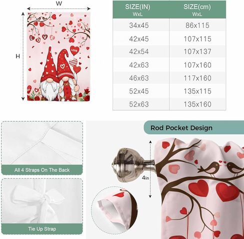 Valentine's Day Tie Up Curtains for Window, Pink Gnomes Romantic Love Balloon Trees Thermal Insulated Balloon Shade Adjustable Rod Pocket Curtains Valance Panels for Kitchen Bathroom Café 42'' x 54'' in Saudi Arabia