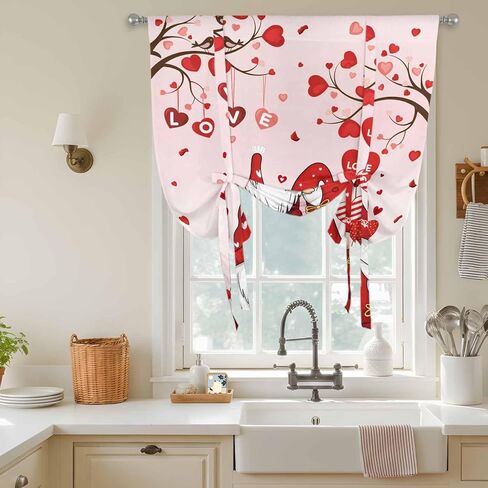 Valentine's Day Tie Up Curtains for Window, Pink Gnomes Romantic Love Balloon Trees Thermal Insulated Balloon Shade Adjustable Rod Pocket Curtains Valance Panels for Kitchen Bathroom Café 42'' x 54'' in Saudi Arabia