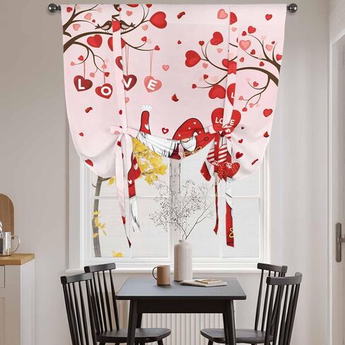 Valentine's Day Tie Up Curtains for Window, Pink Gnomes Romantic Love Balloon Trees Thermal Insulated Balloon Shade Adjustable Rod Pocket Curtains Valance Panels for Kitchen Bathroom Café 42'' x 54'' in Saudi Arabia