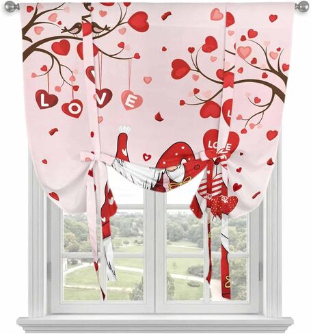 Valentine's Day Tie Up Curtains for Window, Pink Gnomes Romantic Love Balloon Trees Thermal Insulated Balloon Shade Adjustable Rod Pocket Curtains Valance Panels for Kitchen Bathroom Café 42'' x 54'' in Saudi Arabia