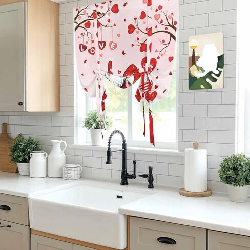 Valentine's Day Tie Up Curtains for Window, Pink Gnomes Romantic Love Balloon Trees Thermal Insulated Balloon Shade Adjustable Rod Pocket Curtains Valance Panels for Kitchen Bathroom Café 42'' x 54'' in Saudi Arabia