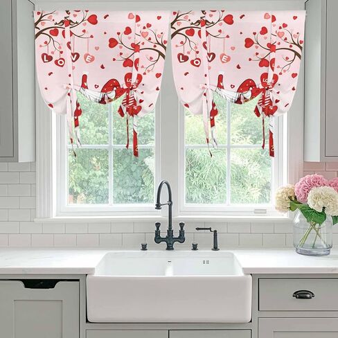 Valentine's Day Tie Up Curtains for Window, Pink Gnomes Romantic Love Balloon Trees Thermal Insulated Balloon Shade Adjustable Rod Pocket Curtains Valance Panels for Kitchen Bathroom Café 42'' x 54'' in Saudi Arabia