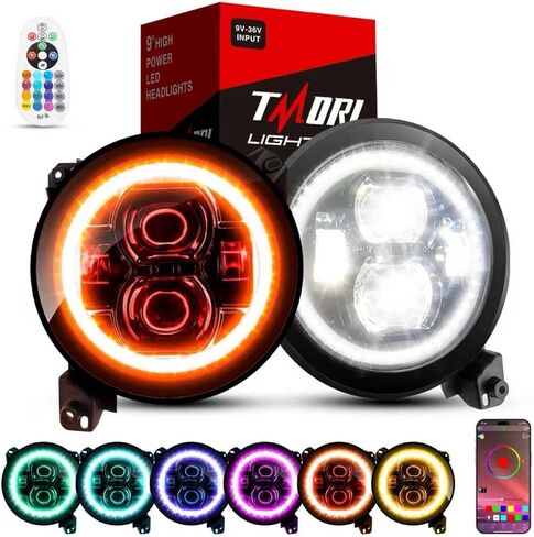 مصابيح أمامية LED متعددة الألوان مقاس 9 بوصة مع حلقة عيون الملاك DOT Hi/Lo Beam مصابيح أمامية دائرية للتحكم عن بعد في تطبيق الهاتف متوافق مع Je-ep Wrangler JL JLU Unlimited & Gladiator JT (2018-2025) in Kuwait