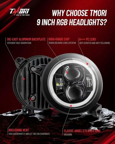 مصابيح أمامية LED متعددة الألوان مقاس 9 بوصة مع حلقة عيون الملاك DOT Hi/Lo Beam مصابيح أمامية دائرية للتحكم عن بعد في تطبيق الهاتف متوافق مع Je-ep Wrangler JL JLU Unlimited & Gladiator JT (2018-2025) in Kuwait