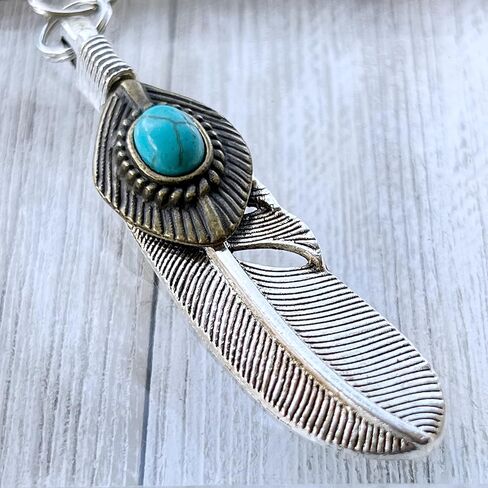 Silver Boho Feather Western Turquoise Zipper Pull for Backpacks, Purse Charms, Handbag Jewelry, Camera Bag Charms and Key Chain with Rhinestone in Kuwait