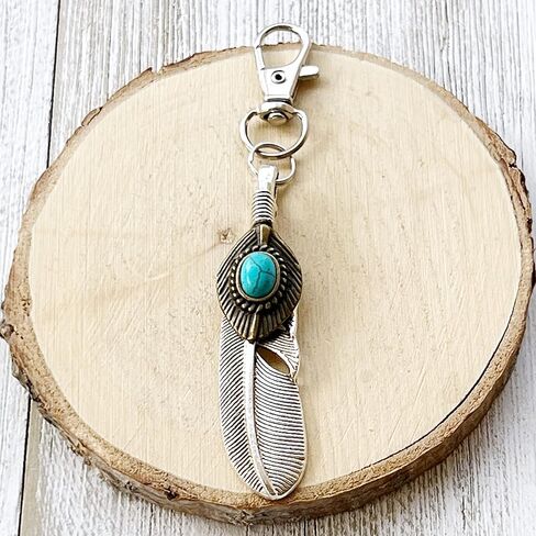 Silver Boho Feather Western Turquoise Zipper Pull for Backpacks, Purse Charms, Handbag Jewelry, Camera Bag Charms and Key Chain with Rhinestone in Kuwait