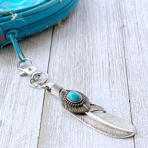 Silver Boho Feather Western Turquoise Zipper Pull for Backpacks, Purse Charms, Handbag Jewelry, Camera Bag Charms and Key Chain with Rhinestone in Kuwait