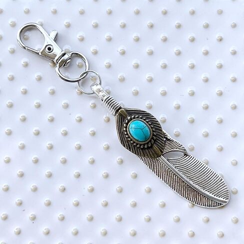 Silver Boho Feather Western Turquoise Zipper Pull for Backpacks, Purse Charms, Handbag Jewelry, Camera Bag Charms and Key Chain with Rhinestone in Kuwait