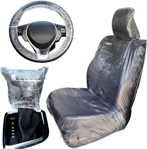20 قطعة من أغطية مقاعد السيارة للاستعمال مرة واحدة مع عجلة القيادة وواقيات ناقل الحركة - أغطية مقاعد بلاستيكية للسيارات، غلاف حماية لمقاعد السيارات in Kuwait