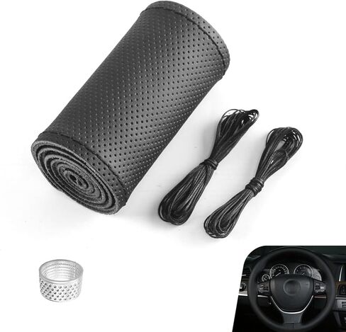 غطاء عجلة قيادة السيارة، واقي أصلي مضاد للانزلاق مخيط يدويًا بإبرة وخيط، غطاء توجيه مريح ومثقوب قابل للتنفس، تصميم داخلي عالمي أنيق للسيارة (أسود) in Kuwait