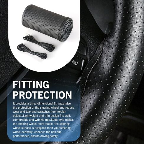 غطاء عجلة قيادة السيارة، واقي أصلي مضاد للانزلاق مخيط يدويًا بإبرة وخيط، غطاء توجيه مريح ومثقوب قابل للتنفس، تصميم داخلي عالمي أنيق للسيارة (أسود) in Kuwait