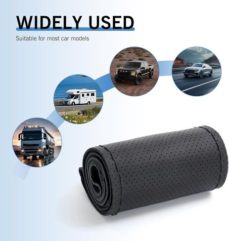 غطاء عجلة قيادة السيارة، واقي أصلي مضاد للانزلاق مخيط يدويًا بإبرة وخيط، غطاء توجيه مريح ومثقوب قابل للتنفس، تصميم داخلي عالمي أنيق للسيارة (أسود) in Kuwait