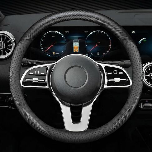 Microfiber Leather Steering Wheel Cover, Round Carbon Fiber Black Wire Trim, Leather Cover with Anti-Slip Lining, Universal 14.5"-15" Auto Accessory (Black) in Saudi Arabia