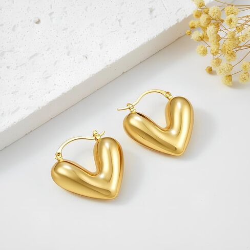 Smilebelle Gold Heart Earrings for Women Puffy Heart Earrings, 14K Gold Plated Chunky Huggie Earrings as Summer Outfit Accessories, Statement Gold Hoop Jewelry in Kuwait
