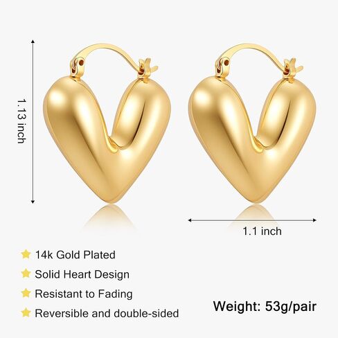 Smilebelle Gold Heart Earrings for Women Puffy Heart Earrings, 14K Gold Plated Chunky Huggie Earrings as Summer Outfit Accessories, Statement Gold Hoop Jewelry in Kuwait