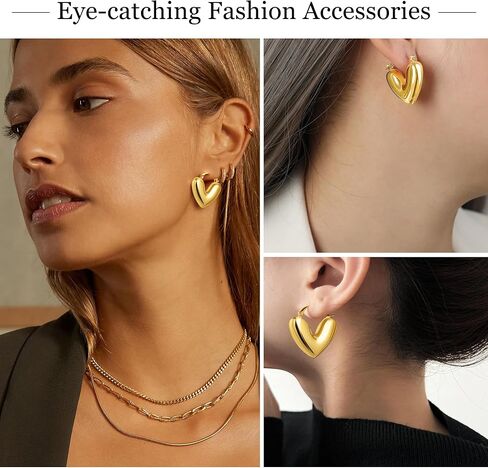 Smilebelle Gold Heart Earrings for Women Puffy Heart Earrings, 14K Gold Plated Chunky Huggie Earrings as Summer Outfit Accessories, Statement Gold Hoop Jewelry in Kuwait