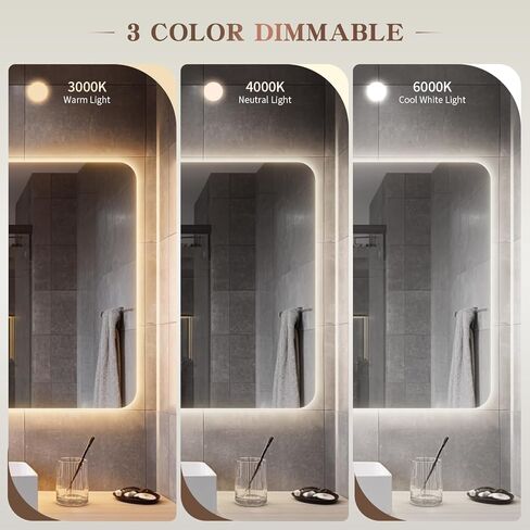 EOGOW مرآة بإضاءة خلفية للحمام، 36 بوصة × 24 بوصة مرآة حمام بإضاءة خلفية LED مثبتة على الحائط مع مقاومة للضباب، قابلة للتعتيم بدون خطوات، 3 أضواء ملونة، لومن عالي، مدرج في قائمة UL، زجاج مقسى in Kuwait