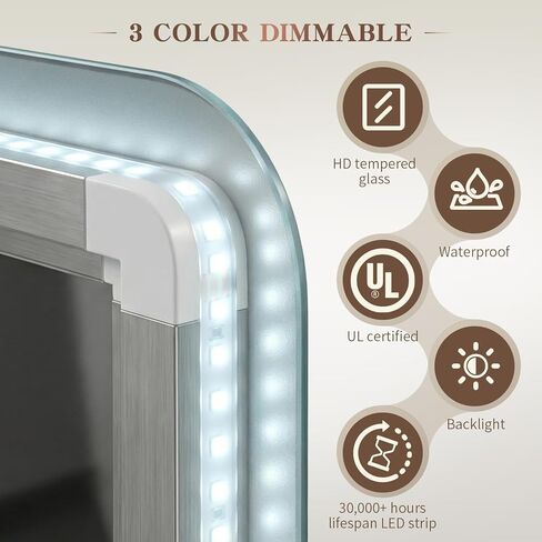 EOGOW مرآة بإضاءة خلفية للحمام، 36 بوصة × 24 بوصة مرآة حمام بإضاءة خلفية LED مثبتة على الحائط مع مقاومة للضباب، قابلة للتعتيم بدون خطوات، 3 أضواء ملونة، لومن عالي، مدرج في قائمة UL، زجاج مقسى in Kuwait