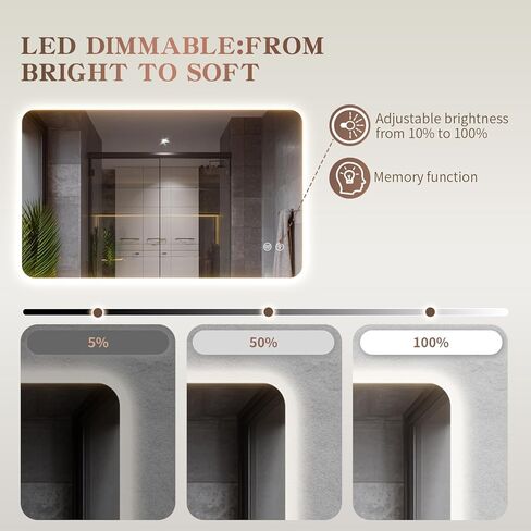EOGOW مرآة بإضاءة خلفية للحمام، 36 بوصة × 24 بوصة مرآة حمام بإضاءة خلفية LED مثبتة على الحائط مع مقاومة للضباب، قابلة للتعتيم بدون خطوات، 3 أضواء ملونة، لومن عالي، مدرج في قائمة UL، زجاج مقسى in Kuwait