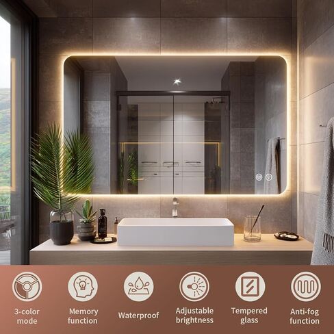 EOGOW مرآة بإضاءة خلفية للحمام، 36 بوصة × 24 بوصة مرآة حمام بإضاءة خلفية LED مثبتة على الحائط مع مقاومة للضباب، قابلة للتعتيم بدون خطوات، 3 أضواء ملونة، لومن عالي، مدرج في قائمة UL، زجاج مقسى in Kuwait