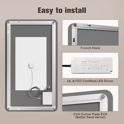 EOGOW مرآة بإضاءة خلفية للحمام، 36 بوصة × 24 بوصة مرآة حمام بإضاءة خلفية LED مثبتة على الحائط مع مقاومة للضباب، قابلة للتعتيم بدون خطوات، 3 أضواء ملونة، لومن عالي، مدرج في قائمة UL، زجاج مقسى in Kuwait