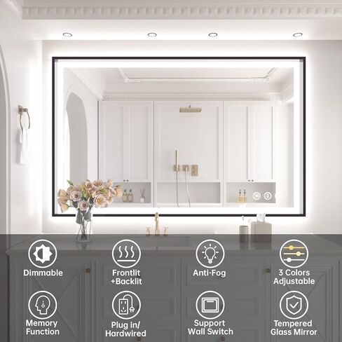 مرآة حمام LED مقاس 40 × 30 مع أضواء، إطار من الألومنيوم الأسود، إضاءة خلفية + إضاءة أمامية، مرآة حمام مضاءة للجدار، مضادة للضباب، وظيفة الذاكرة، قابلة للتعتيم، مقاومة للكسر، مدرجة في قائمة ETL in Saudi Arabia
