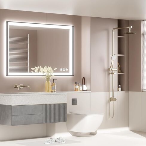 مرآة حمام LED مقاس 40 × 30 مع أضواء، إطار من الألومنيوم الأسود، إضاءة خلفية + إضاءة أمامية، مرآة حمام مضاءة للجدار، مضادة للضباب، وظيفة الذاكرة، قابلة للتعتيم، مقاومة للكسر، مدرجة في قائمة ETL in Saudi Arabia