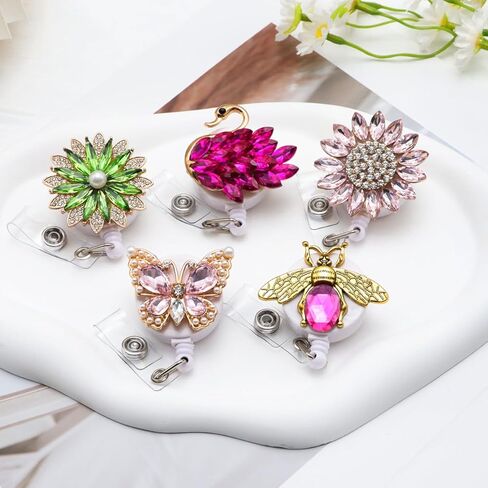 5Pcs Glitter Nurse Badge Reel Retractable Cute Nursing Student Bling Rhinestone Badge Holder Clip Gifts Crystal Animal Flower Goose Bee Butterfly Medical CNA RN ID Name Card Accessories in Kuwait
