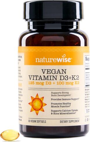 NatureWise Vegan Vitamin D3 5000iu (125 mcg) + Vitamin K2 (100mcg VitaMK7) Healthy Muscle Function, and Immune Support, Non-GMO, Gluten Free in Cold-Pressed Olive Oil in Kuwait