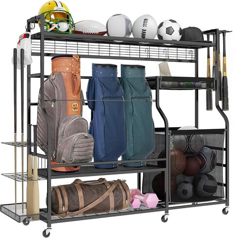DWVO Golf Bag Organizer for Garage ، وقصة تخزين الجولف مع عجلات ، ومنظمات رياضية للمرآب للكرات ، والضربات ، والزلاجات الدوارة وغيرها من المعدات الرياضية in Kuwait