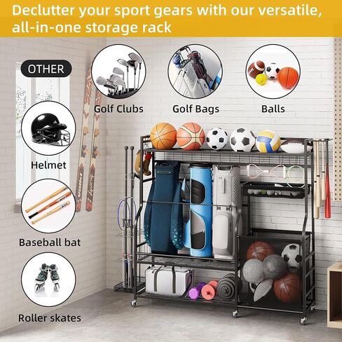 DWVO Golf Bag Organizer for Garage ، وقصة تخزين الجولف مع عجلات ، ومنظمات رياضية للمرآب للكرات ، والضربات ، والزلاجات الدوارة وغيرها من المعدات الرياضية in Kuwait