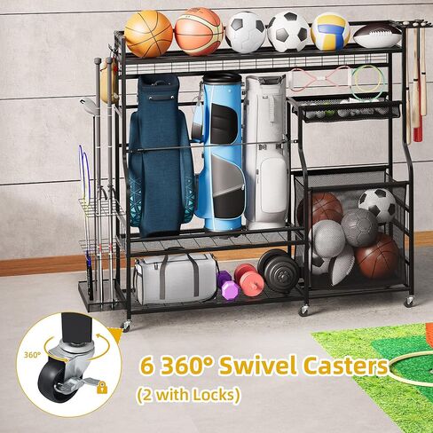 DWVO Golf Bag Organizer for Garage ، وقصة تخزين الجولف مع عجلات ، ومنظمات رياضية للمرآب للكرات ، والضربات ، والزلاجات الدوارة وغيرها من المعدات الرياضية in Kuwait