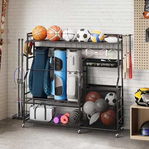 DWVO Golf Bag Organizer for Garage ، وقصة تخزين الجولف مع عجلات ، ومنظمات رياضية للمرآب للكرات ، والضربات ، والزلاجات الدوارة وغيرها من المعدات الرياضية in Kuwait