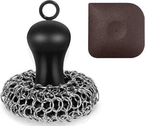 Cast Iron Cleaner Chainmail Scrubber with Pan Scraper, Upgraded Handle Cast Iron Scrubber Brush 316 Chain Mail Scrubber for Cast Iron Pan, Iron Skillet, Grill Dutch Oven Metal Brush Cleaning Castiron in Kuwait