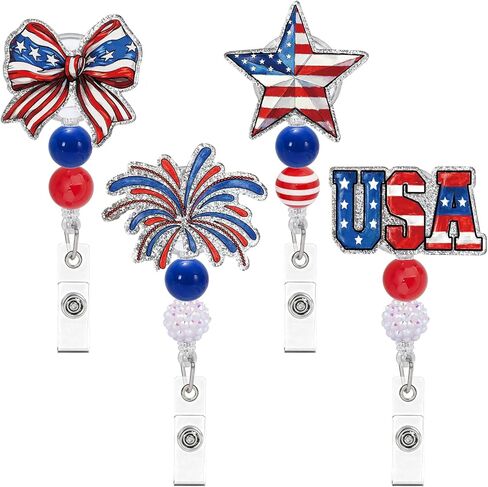 JarThenaAMCS 4 Pcs Patriotic Badge Reel with Clips Beads Retractable Cord Vintage Red Blue American Flag Star Bow Firework ID Name Badge Holder Acrylic Clips for Teacher Student Doctors Nurse Gifts in Saudi Arabia