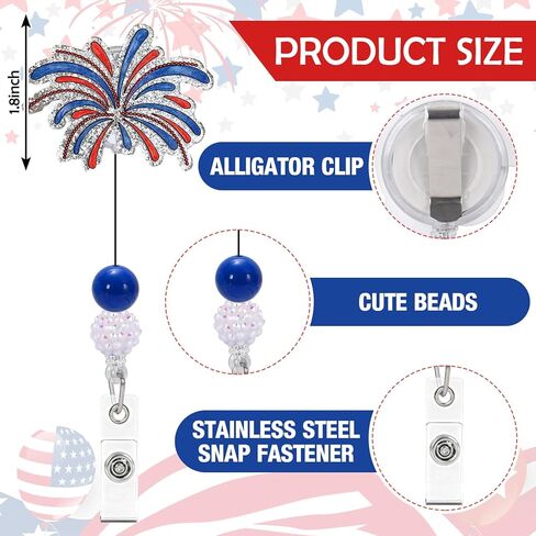 JarThenaAMCS 4 Pcs Patriotic Badge Reel with Clips Beads Retractable Cord Vintage Red Blue American Flag Star Bow Firework ID Name Badge Holder Acrylic Clips for Teacher Student Doctors Nurse Gifts in Saudi Arabia