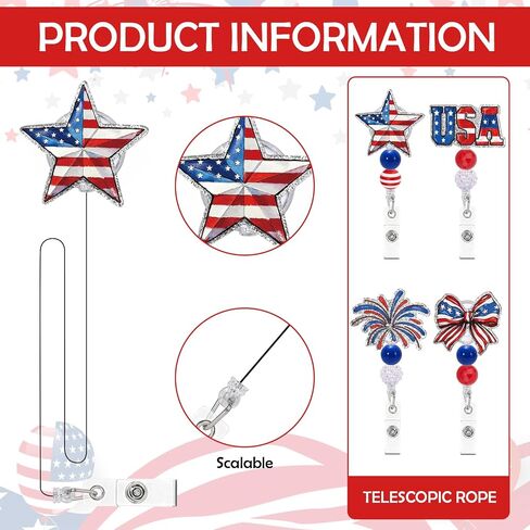 JarThenaAMCS 4 Pcs Patriotic Badge Reel with Clips Beads Retractable Cord Vintage Red Blue American Flag Star Bow Firework ID Name Badge Holder Acrylic Clips for Teacher Student Doctors Nurse Gifts in Saudi Arabia