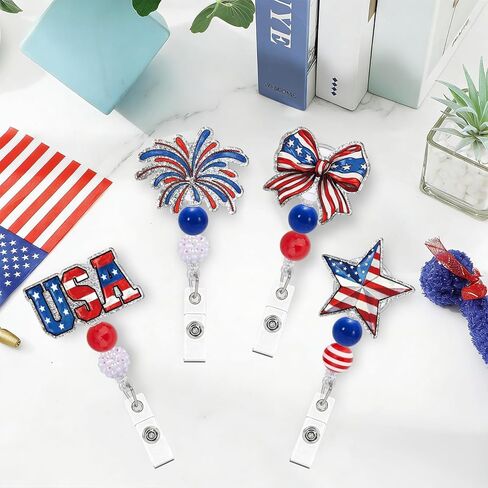 JarThenaAMCS 4 Pcs Patriotic Badge Reel with Clips Beads Retractable Cord Vintage Red Blue American Flag Star Bow Firework ID Name Badge Holder Acrylic Clips for Teacher Student Doctors Nurse Gifts in Saudi Arabia