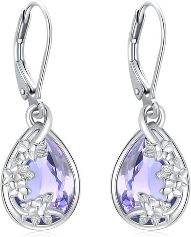 Flower Drop Dangle Teardrop Earrings 925 Sterling Silver Birthstone Leverback Earrings for Women Jewelry Gifts for Mother/Mom in Saudi Arabia